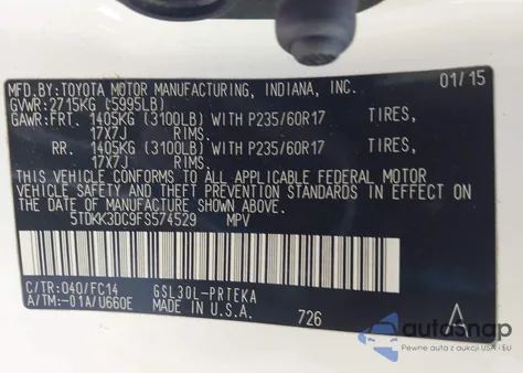 2015 Toyota Sienna Le 8 Passenger z USA, uszkodzony, nr VIN 5TDKK3DC9FS574529